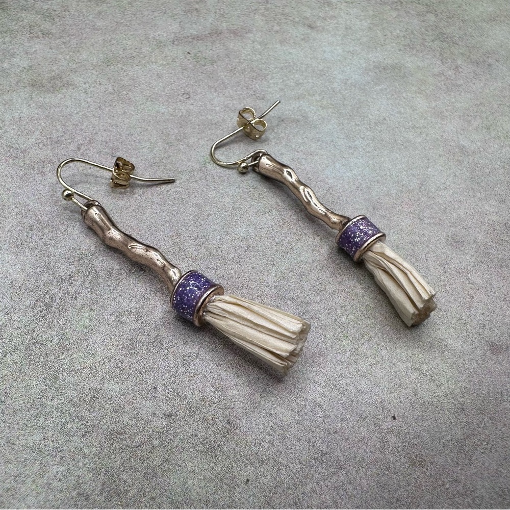 Silver Twig Earrings with Purple Accent and Cream Tassel - Picture 2 of 5